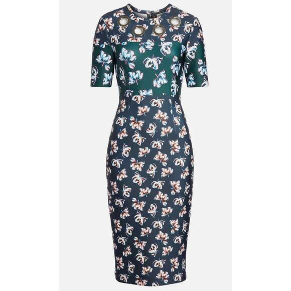 Yigal Azrouel Scuba Knit Floral Midi Dress Grommets Flattering Women's 2 - Picture 9 of 14